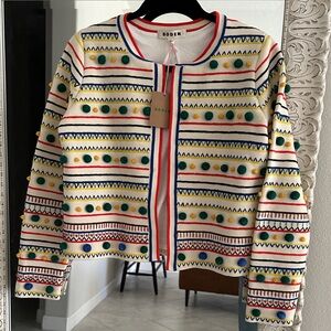 Boden Knit Multicolor Patterned Pompom Cardigan